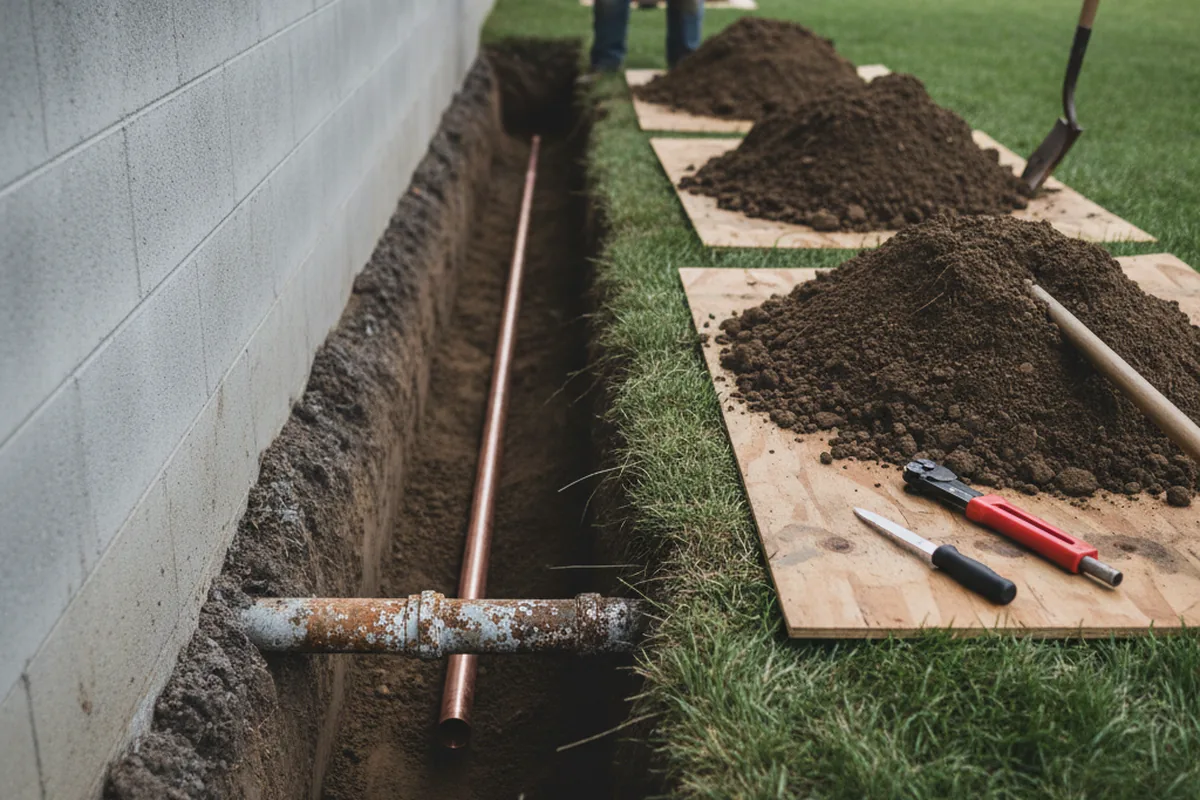 Excavated water line trench during Water Heater Repair in Harbeson